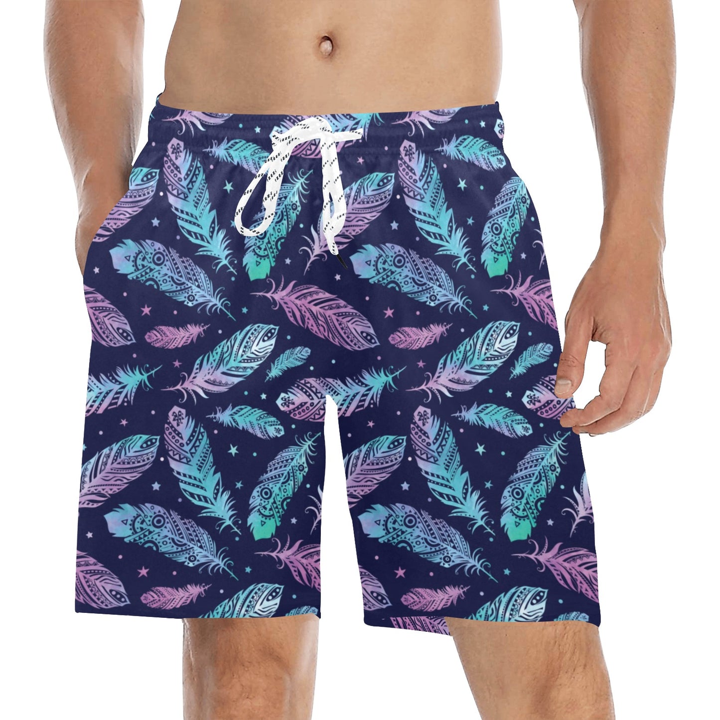 Feather Aztec Design Print Men's Swim Trunks Beach Shorts
