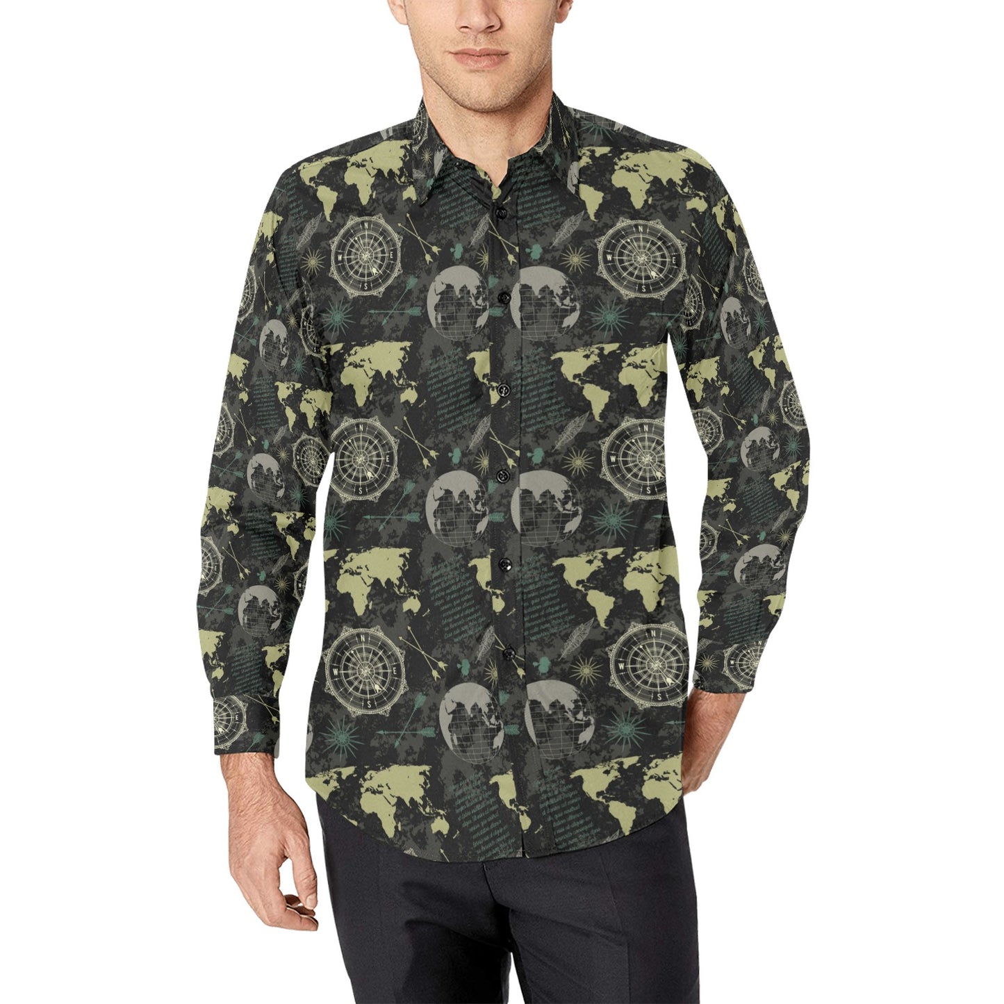 World Map Print Design LKS303 Men's Long Sleeve Dress Shirt