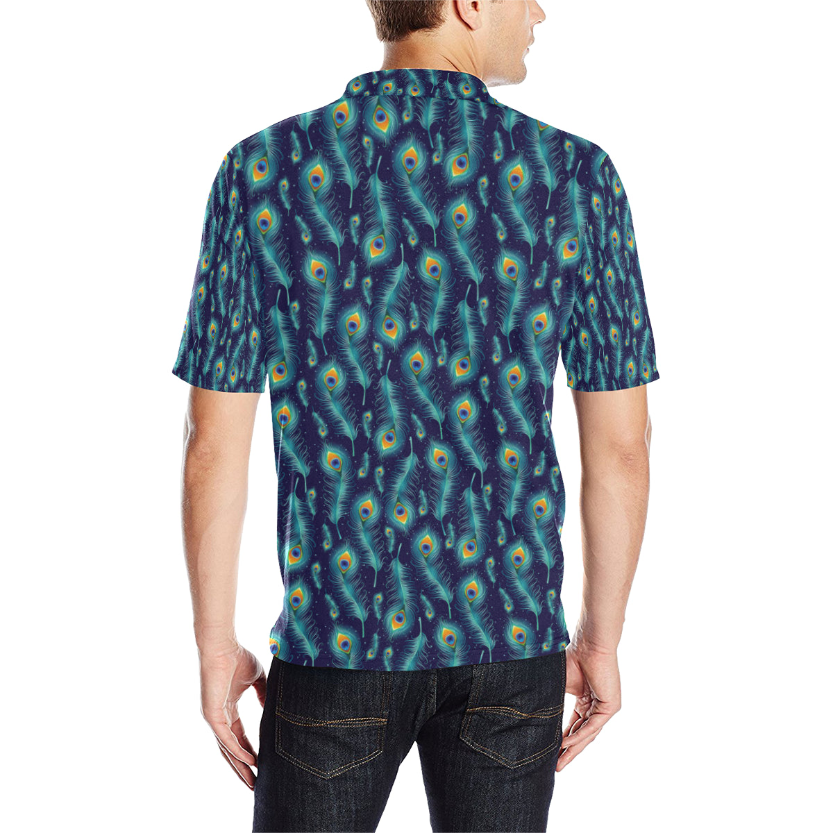 Peacock Feather Blue Design Print Men Polo Shirt