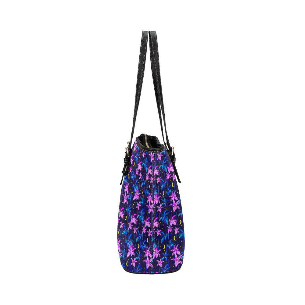 Palm Tree Night Scene Design Print Leather Tote Bag