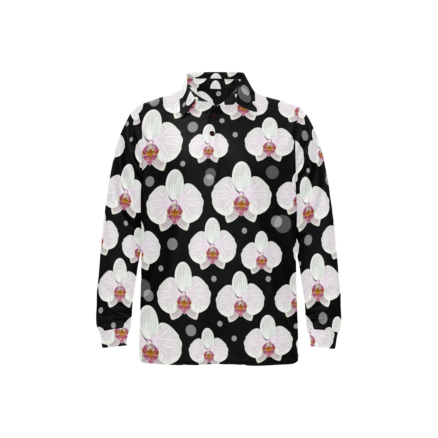 Orchid White Pattern Print Design OR09 Long Sleeve Polo Shirt For Men's
