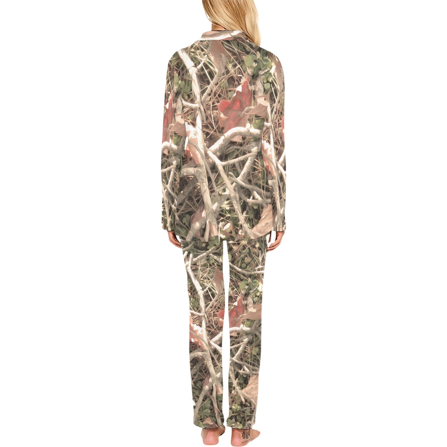 Camouflage Realistic Tree Authumn Print Women's Long Pajama Set