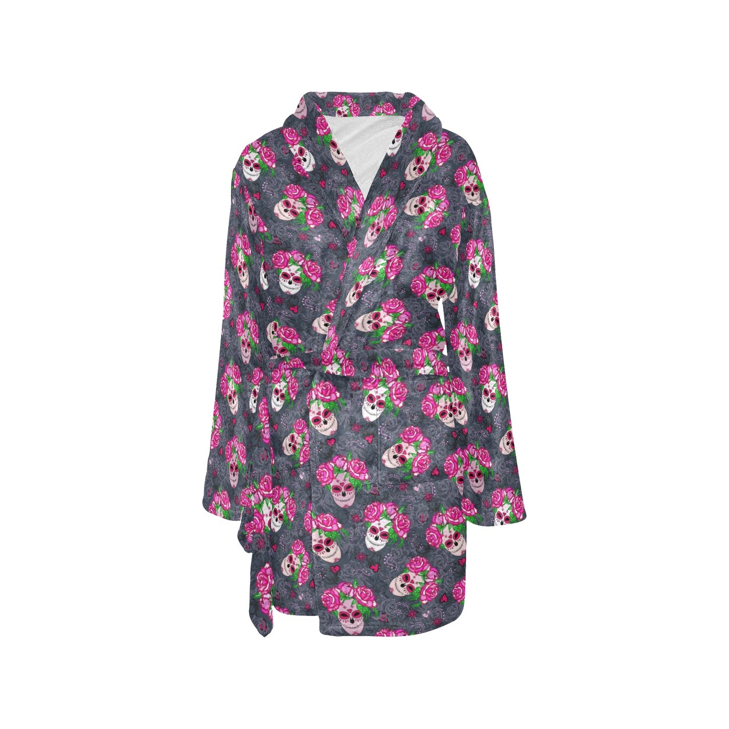 Sugar Skull Pink Rose Themed Print Women's Fleece Robe