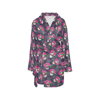Sugar Skull Pink Rose Themed Print Women's Fleece Robe