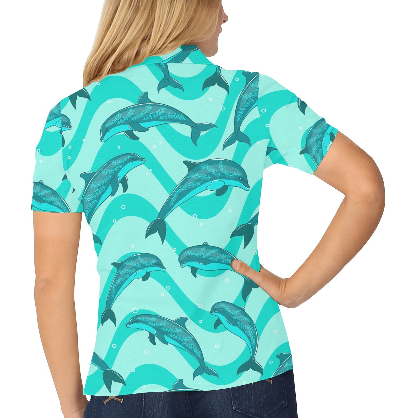 Dolphin Wave Print Women's Polo Shirt