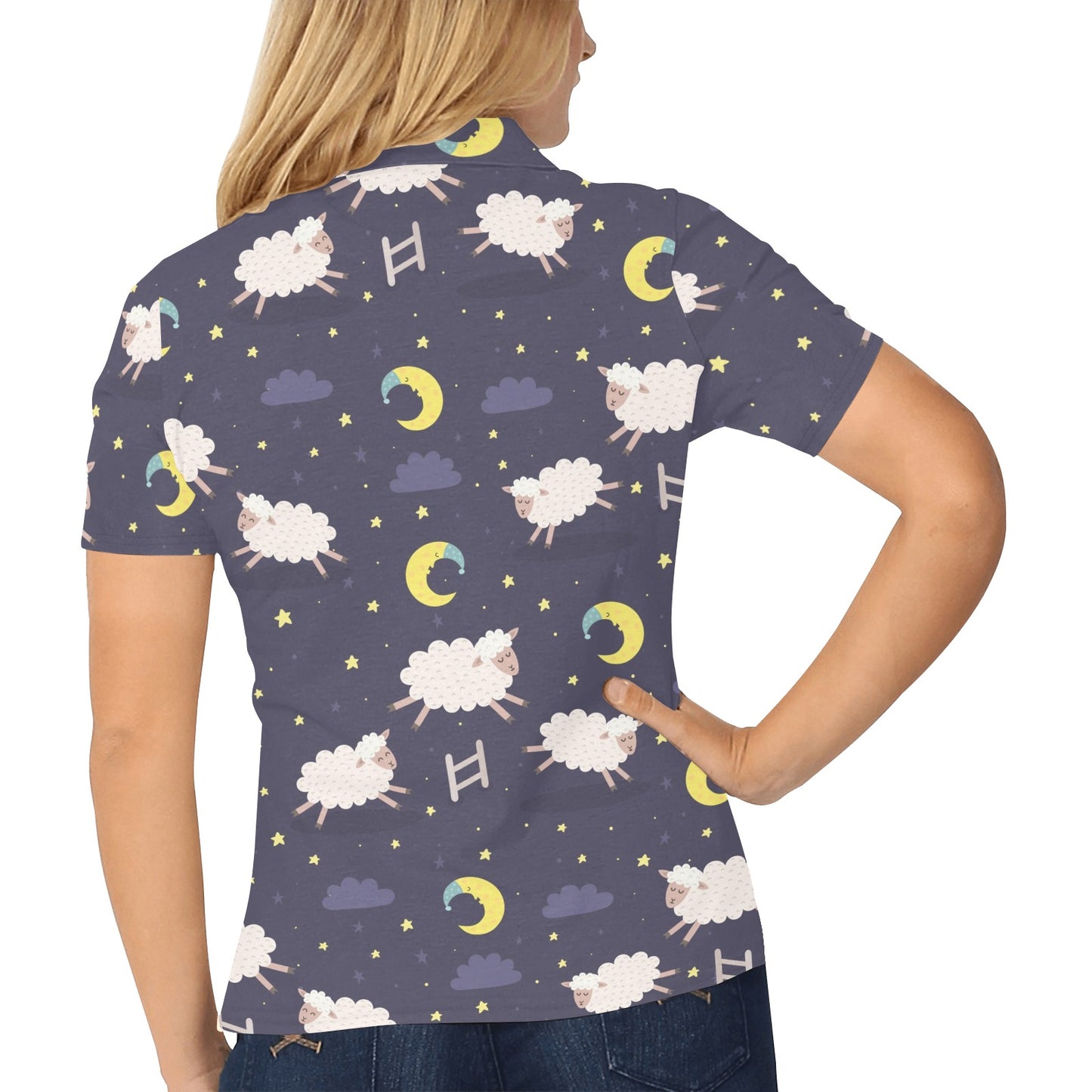 Sheep Night Pattern Print Design 02 Women's Polo Shirt