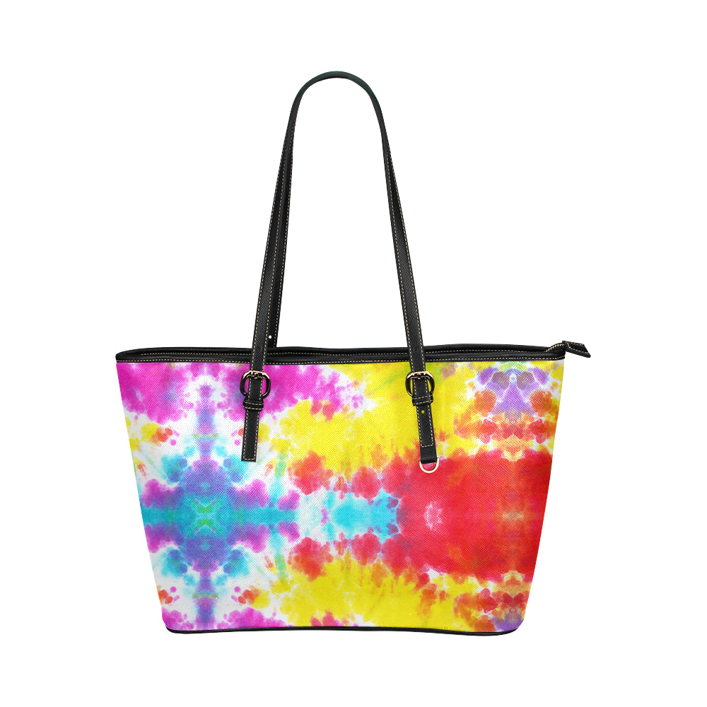 Tie Dye Rainbow Themed Print Leather Tote Bag