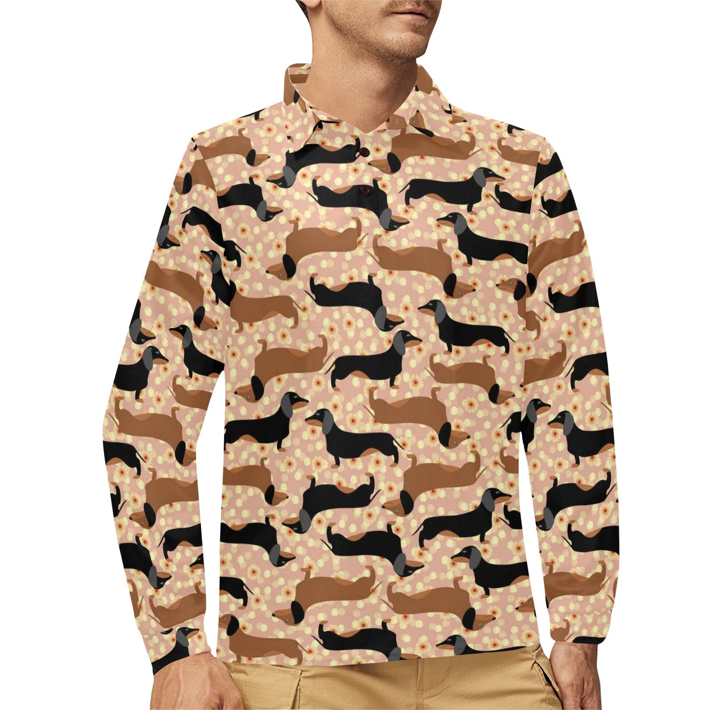 Dachshund Pattern Print Design 011 Long Sleeve Polo Shirt For Men's