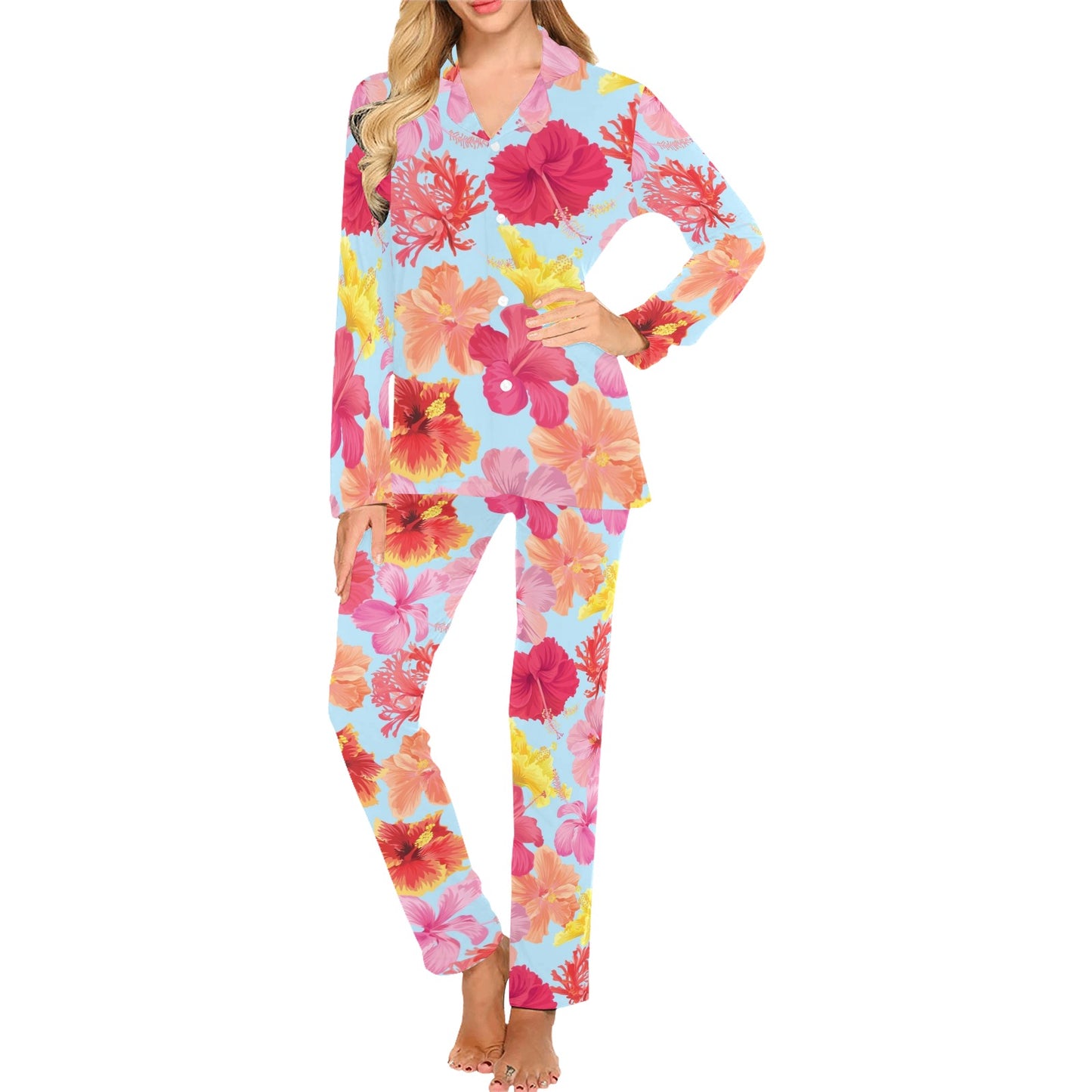 Hibiscus Pattern Print Design HB020 Women's Long Pajama Set