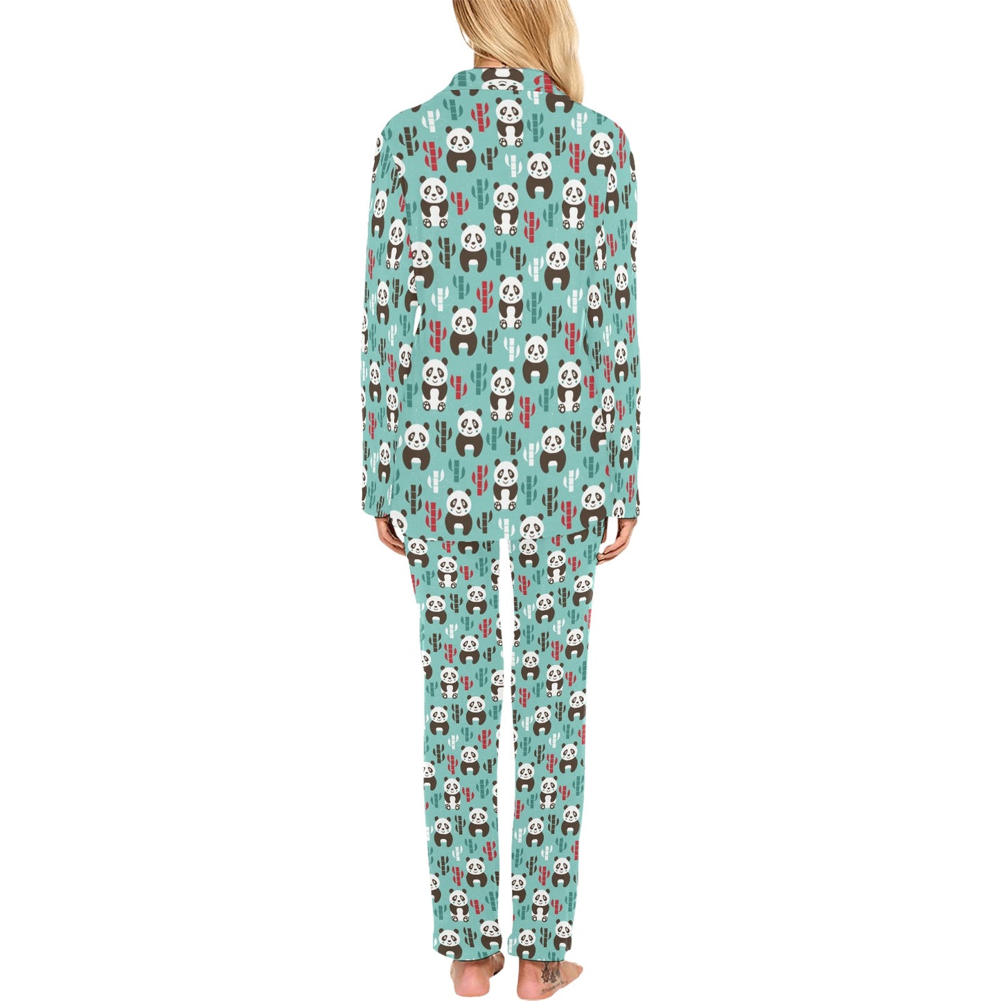 Panda Bear Cute Themed Print Women's Long Pajama Set