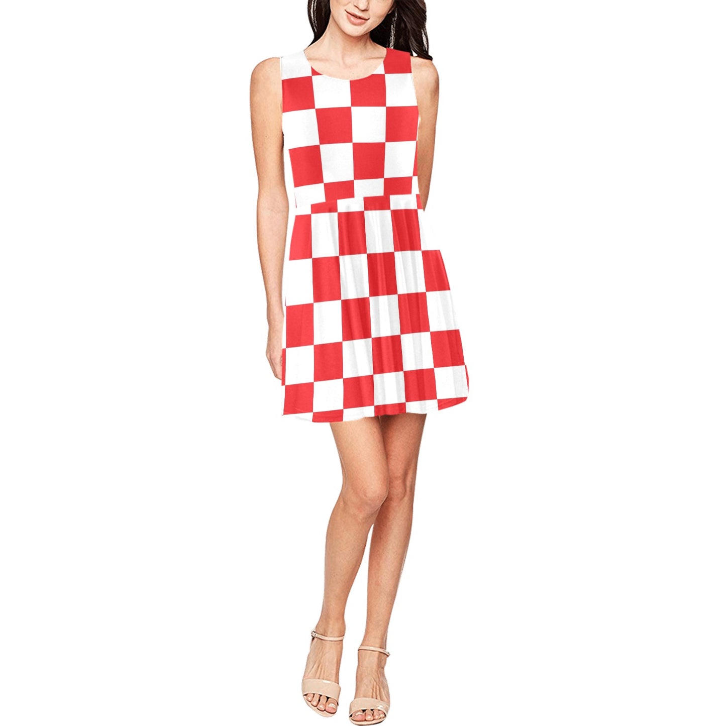 Checkered Red Pattern Print Design 04 Sleeveless Dress