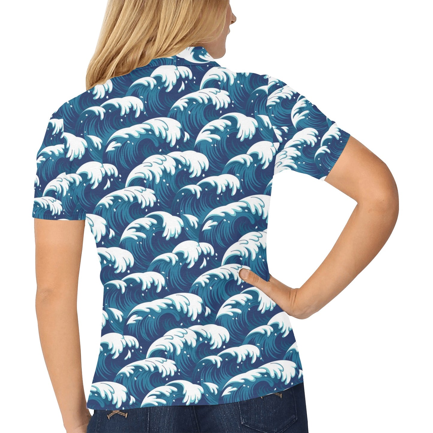 Ocean Wave Pattern Print Women's Polo Shirt