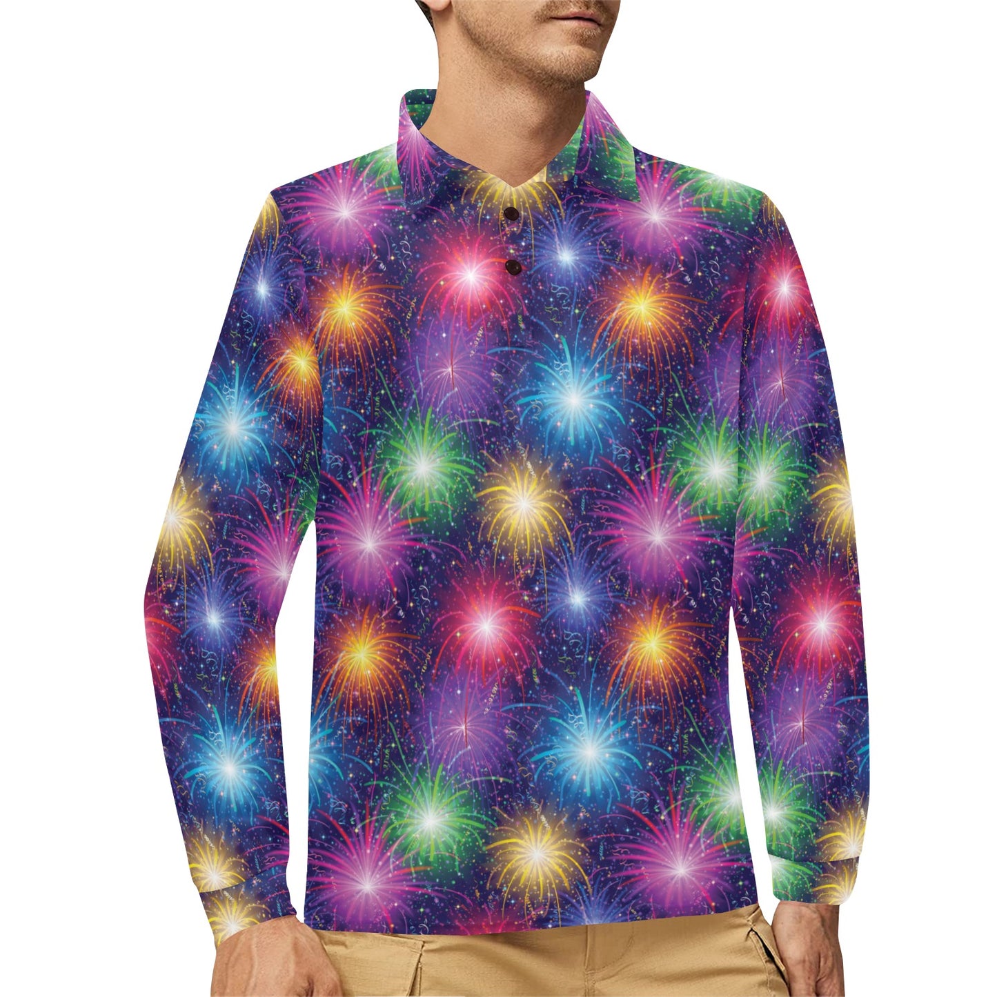 Firework Colorful Print Design LKS301 Long Sleeve Polo Shirt For Men's