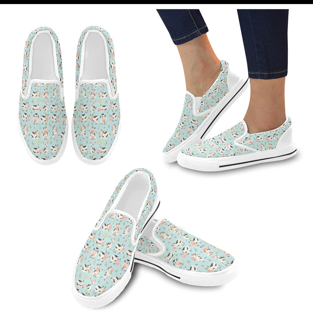 Cattle Print Design LKS403 White Slip Ons Canvas Women's Shoes