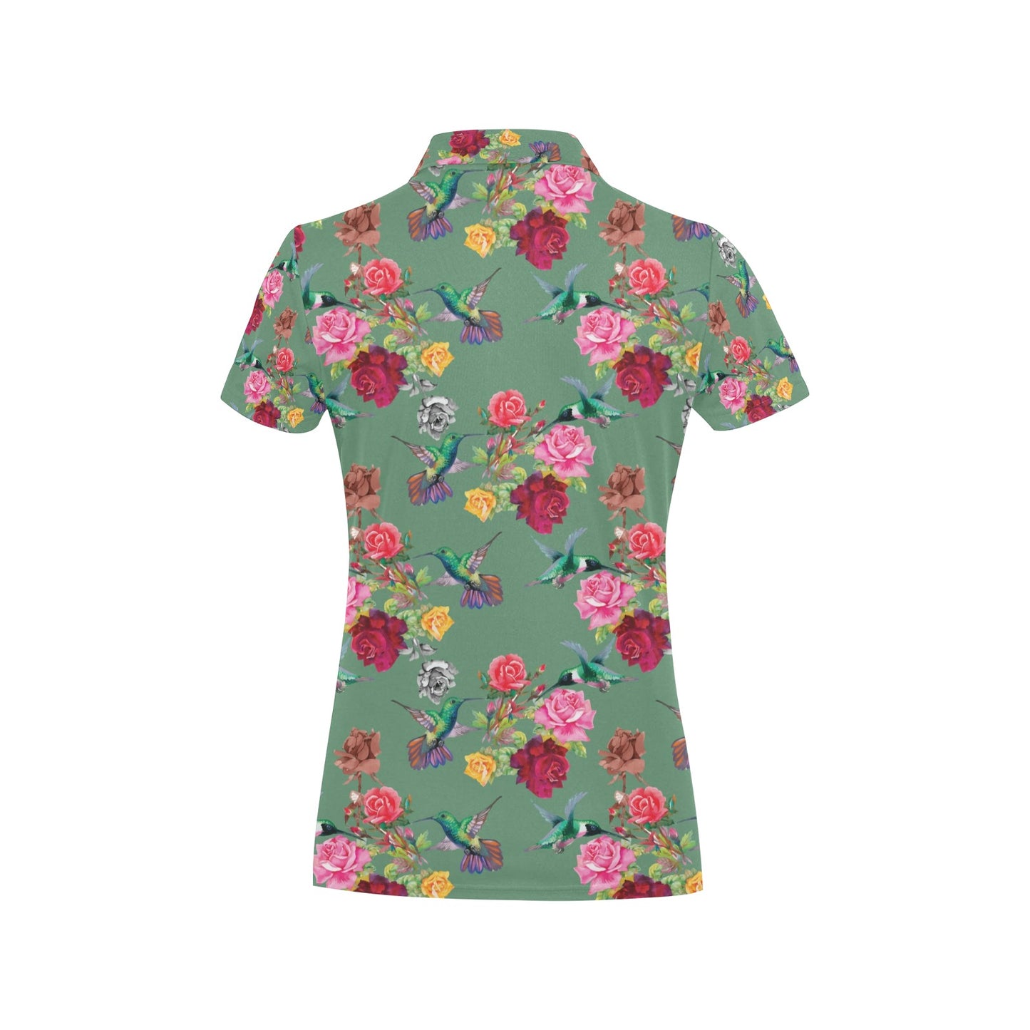 Hummingbird with Rose Themed Print Women's Polo Shirt