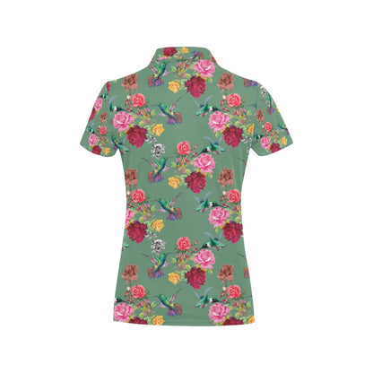 Hummingbird with Rose Themed Print Women's Polo Shirt