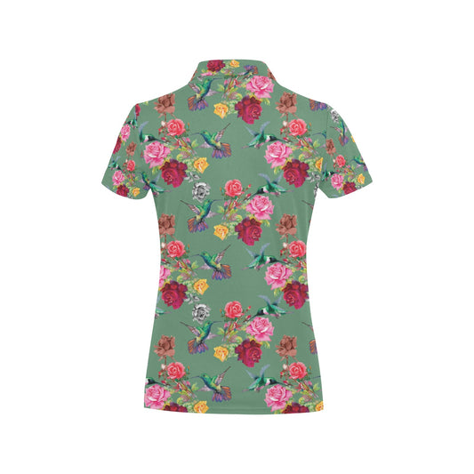 Hummingbird with Rose Themed Print Women's Polo Shirt