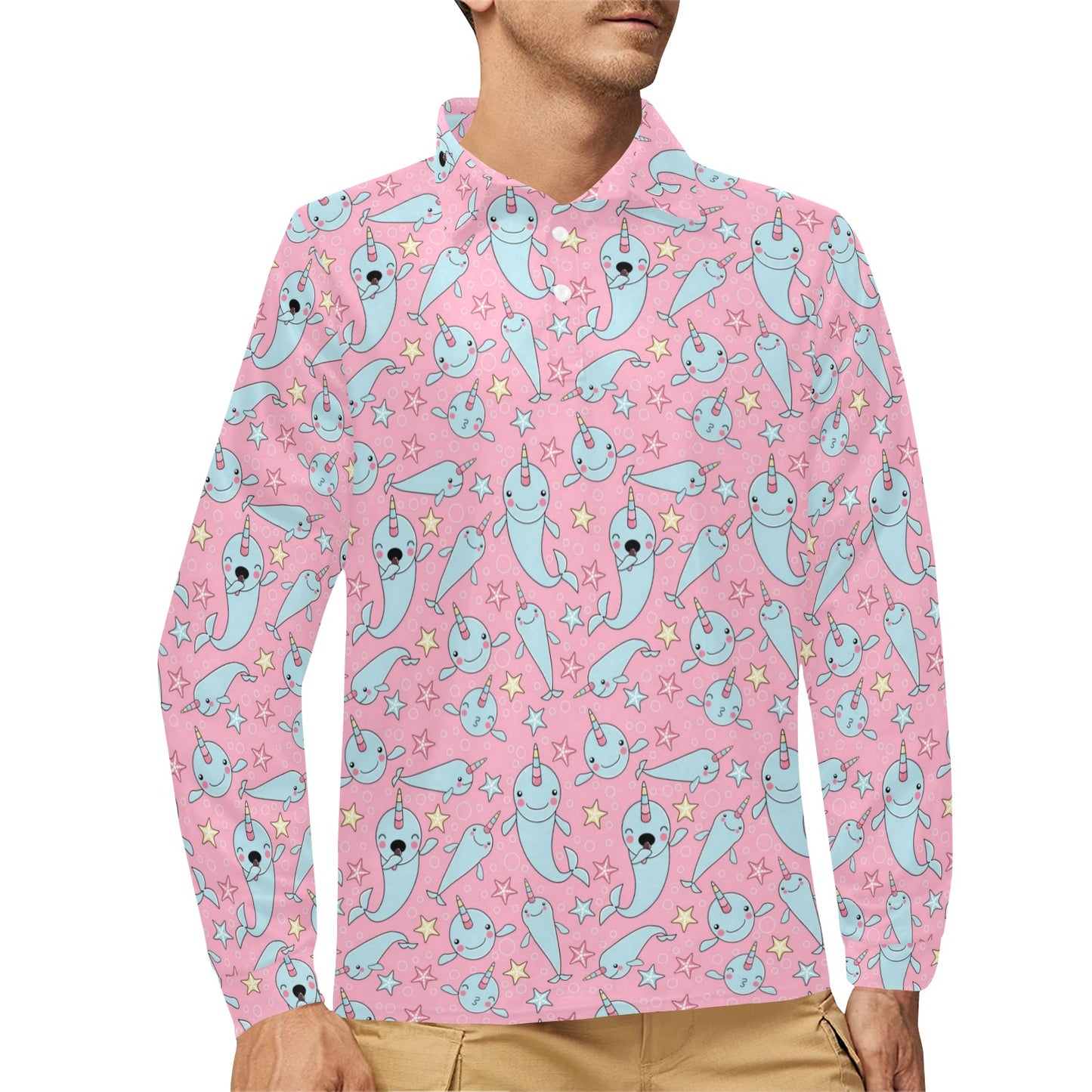 Narwhal Cartoon Cute Print Long Sleeve Polo Shirt For Men's