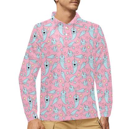 Narwhal Cartoon Cute Print Long Sleeve Polo Shirt For Men's