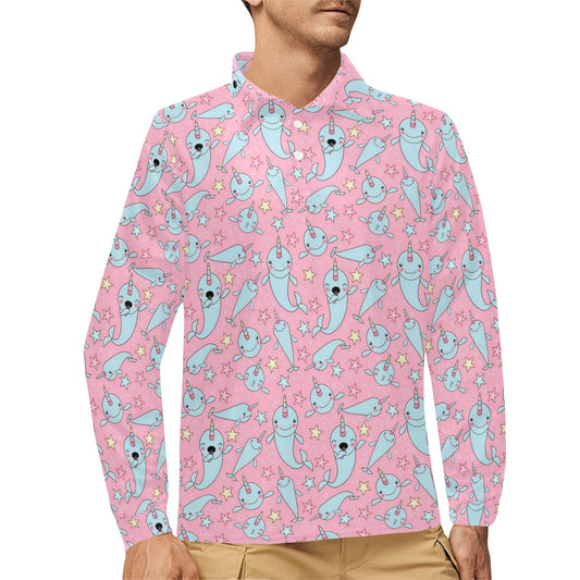 Narwhal Cartoon Cute Print Long Sleeve Polo Shirt For Men's