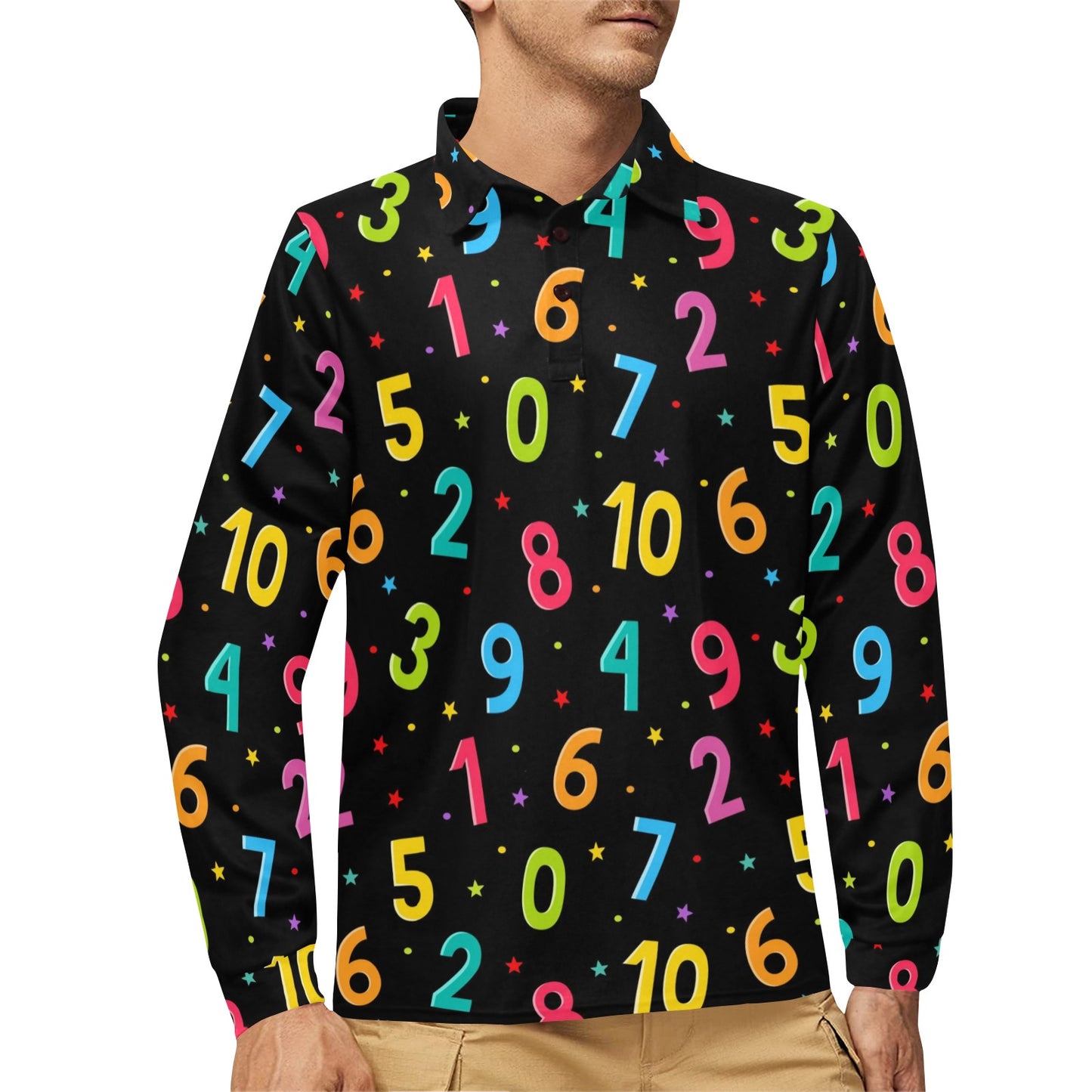 Number Pattern Print Design A04 Long Sleeve Polo Shirt For Men's