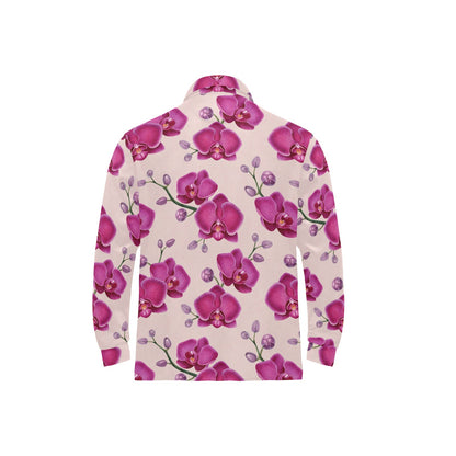 Orchid Pattern Print Design A02 Long Sleeve Polo Shirt For Men's