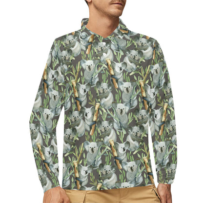 Koala Pattern Design Print Long Sleeve Polo Shirt For Men's