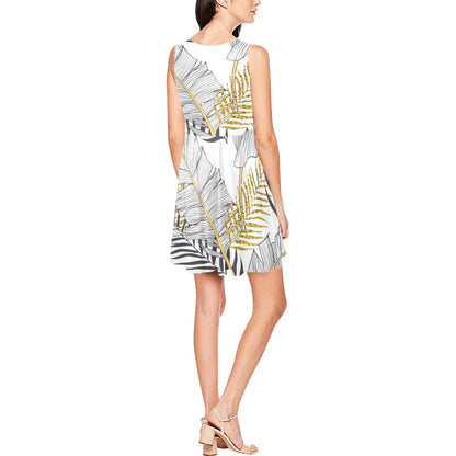 Gold Glitter Tropical Palm Leaves Sleeveless Dress