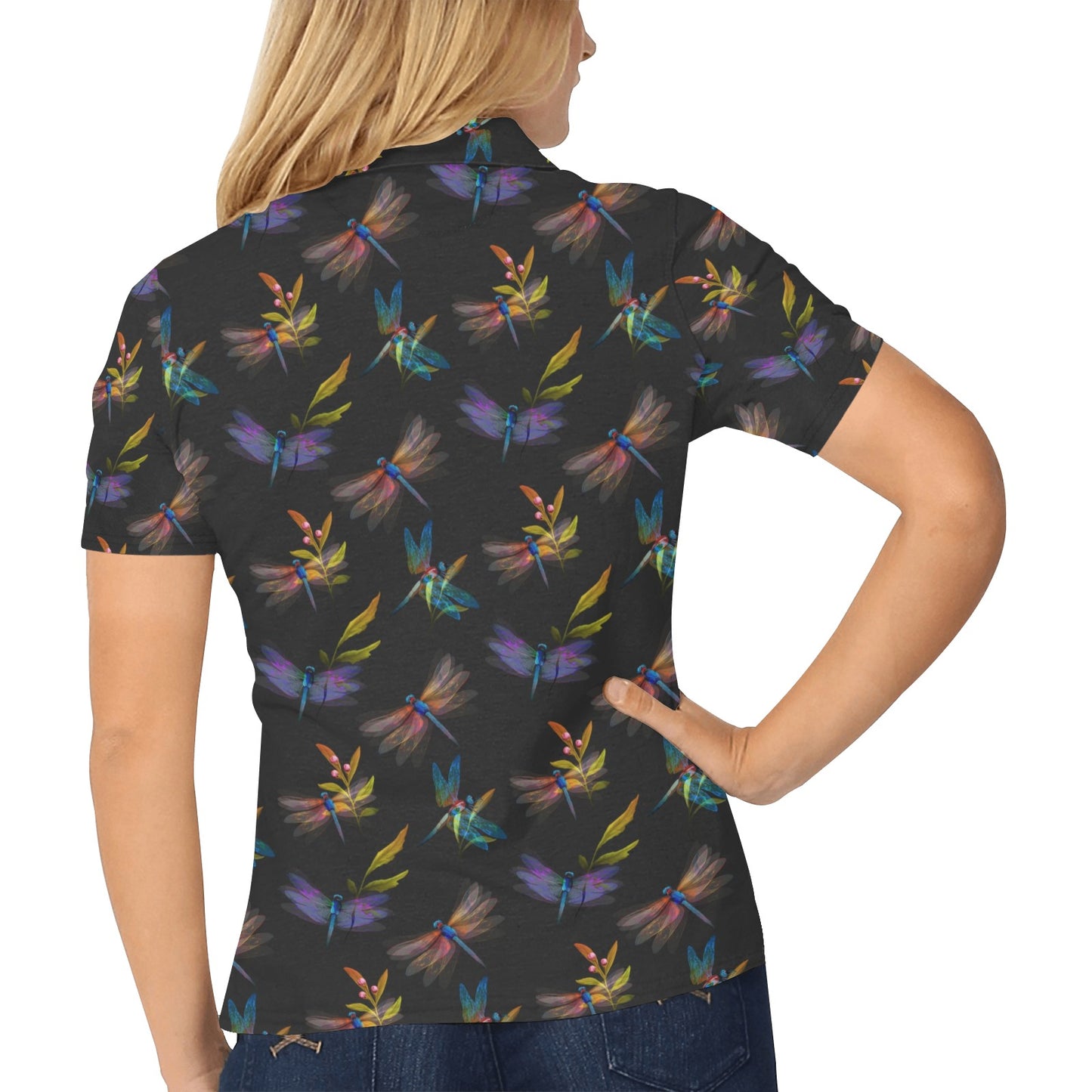 Dragonfly Colorful Realistic Print Women's Polo Shirt