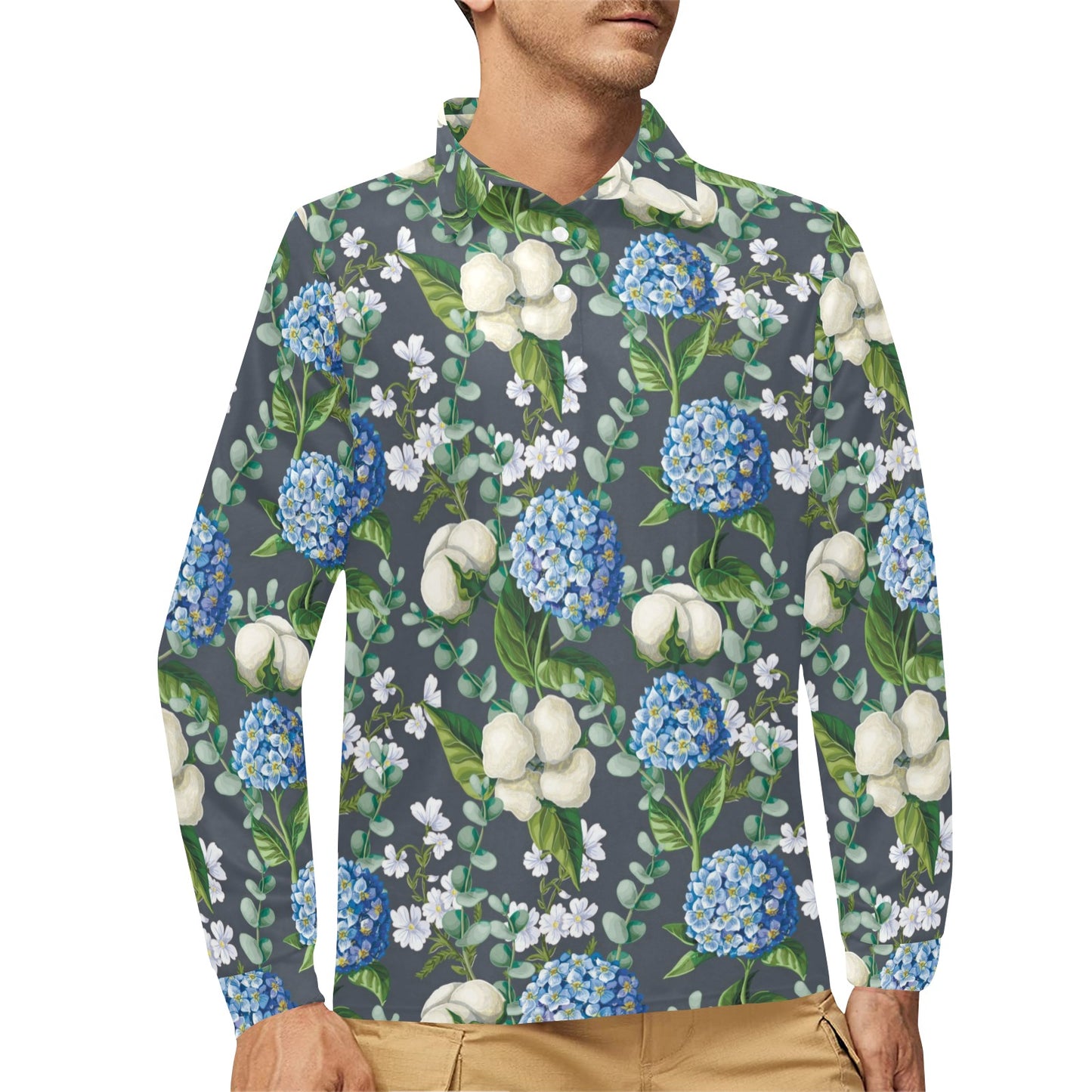 Hydrangea Pattern Print Design 02 Long Sleeve Polo Shirt For Men's