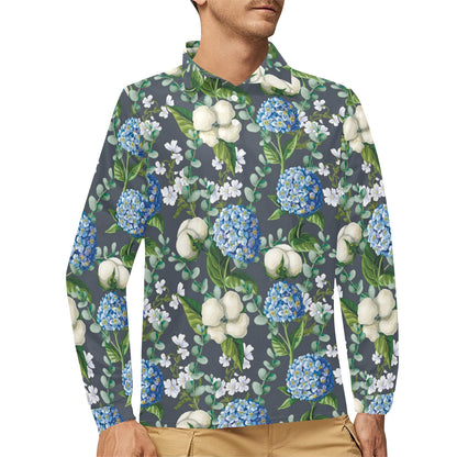 Hydrangea Pattern Print Design 02 Long Sleeve Polo Shirt For Men's