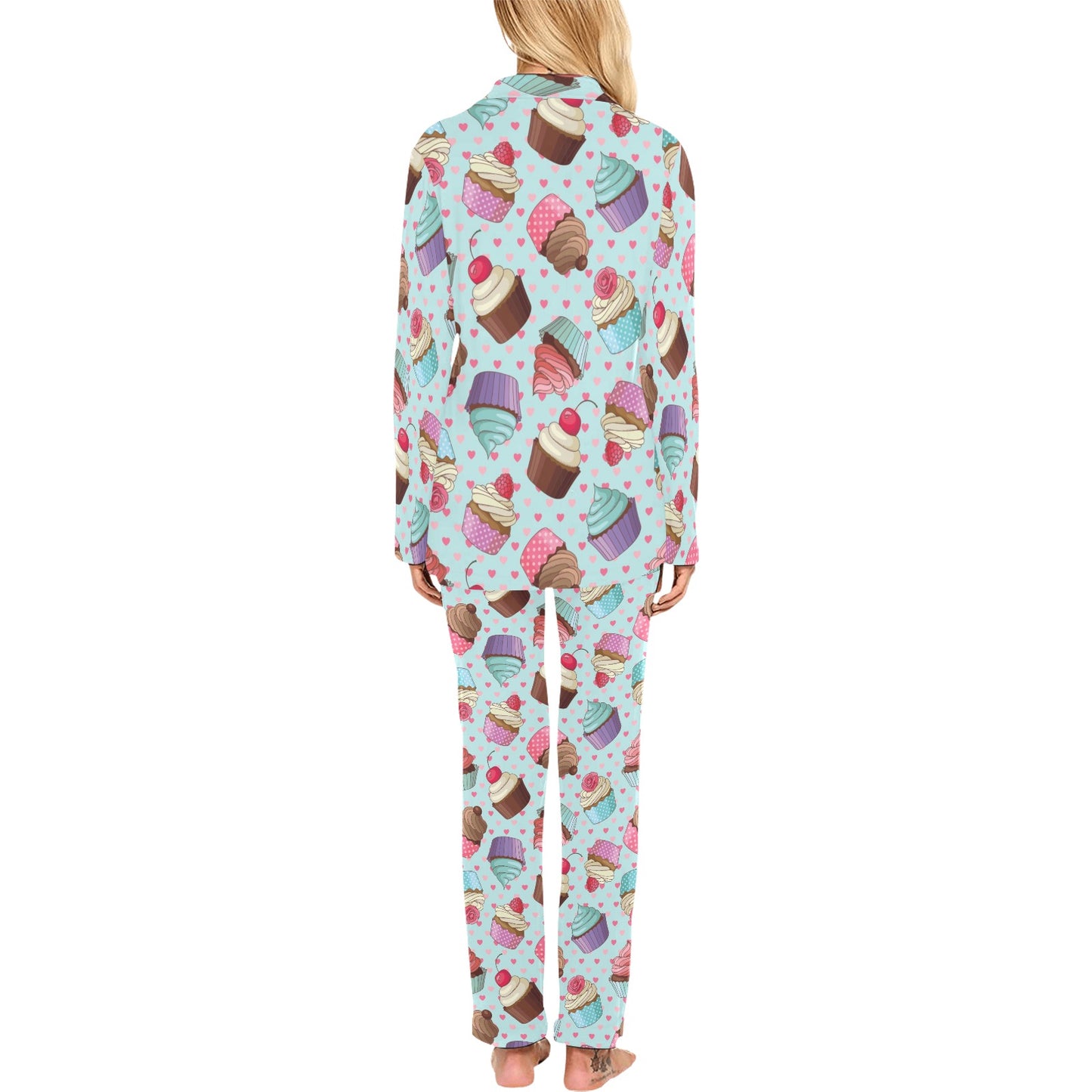 Cupcakes Fancy Heart Print Pattern Women's Long Pajama Set