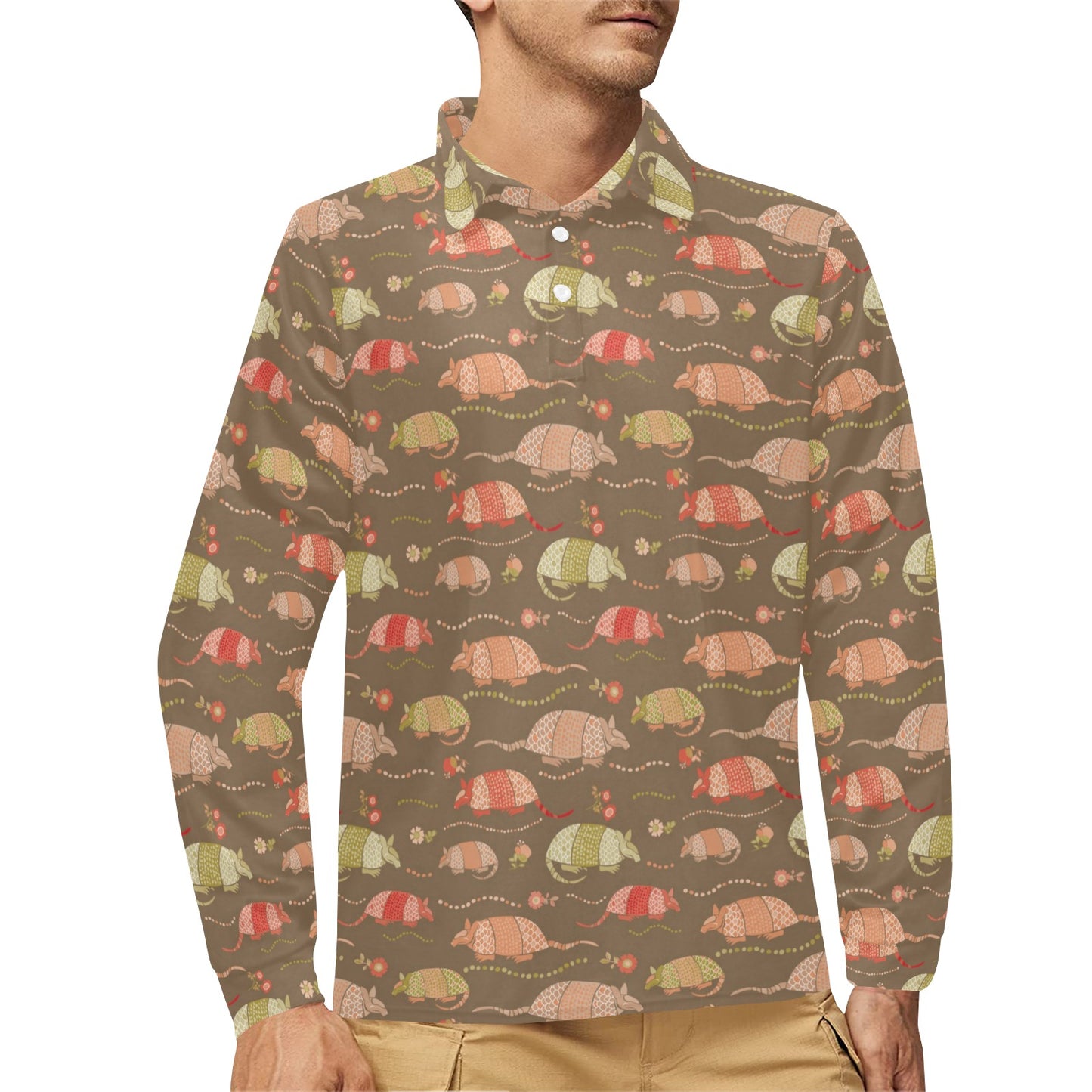 Armadillo Pattern Print Design 04 Long Sleeve Polo Shirt For Men's