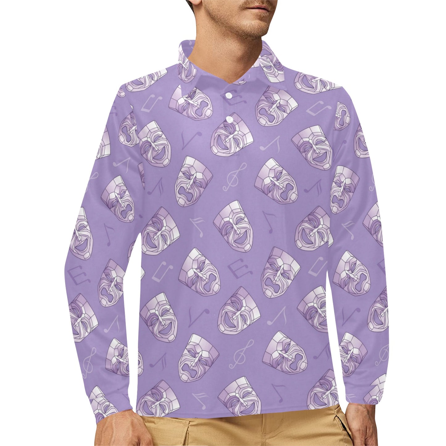 Acting Mask Pattern Print Design 05 Long Sleeve Polo Shirt For Men's