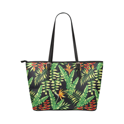 Hawaiian Flower Tropical Palm Leaves Leather Tote Bag