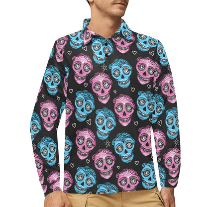 Day of the Dead Skull Print Pattern Long Sleeve Polo Shirt For Men's