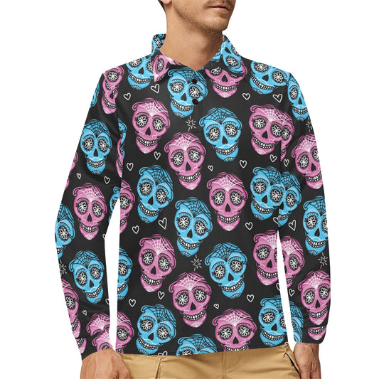 Day of the Dead Skull Print Pattern Long Sleeve Polo Shirt For Men's