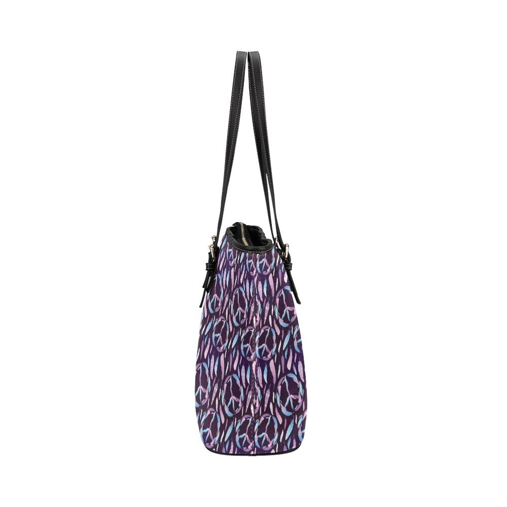 Peace Sign Feather Design Print Leather Tote Bag
