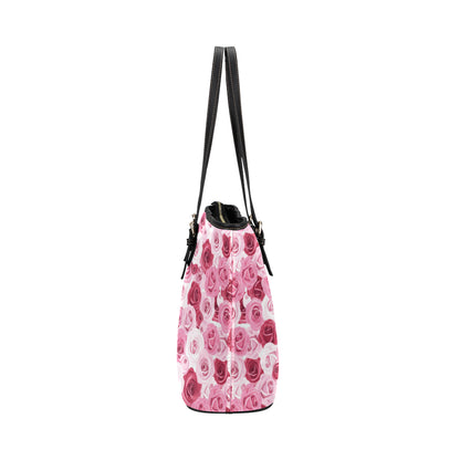 Pink Red Rose Pattern Print Leather Tote Bag