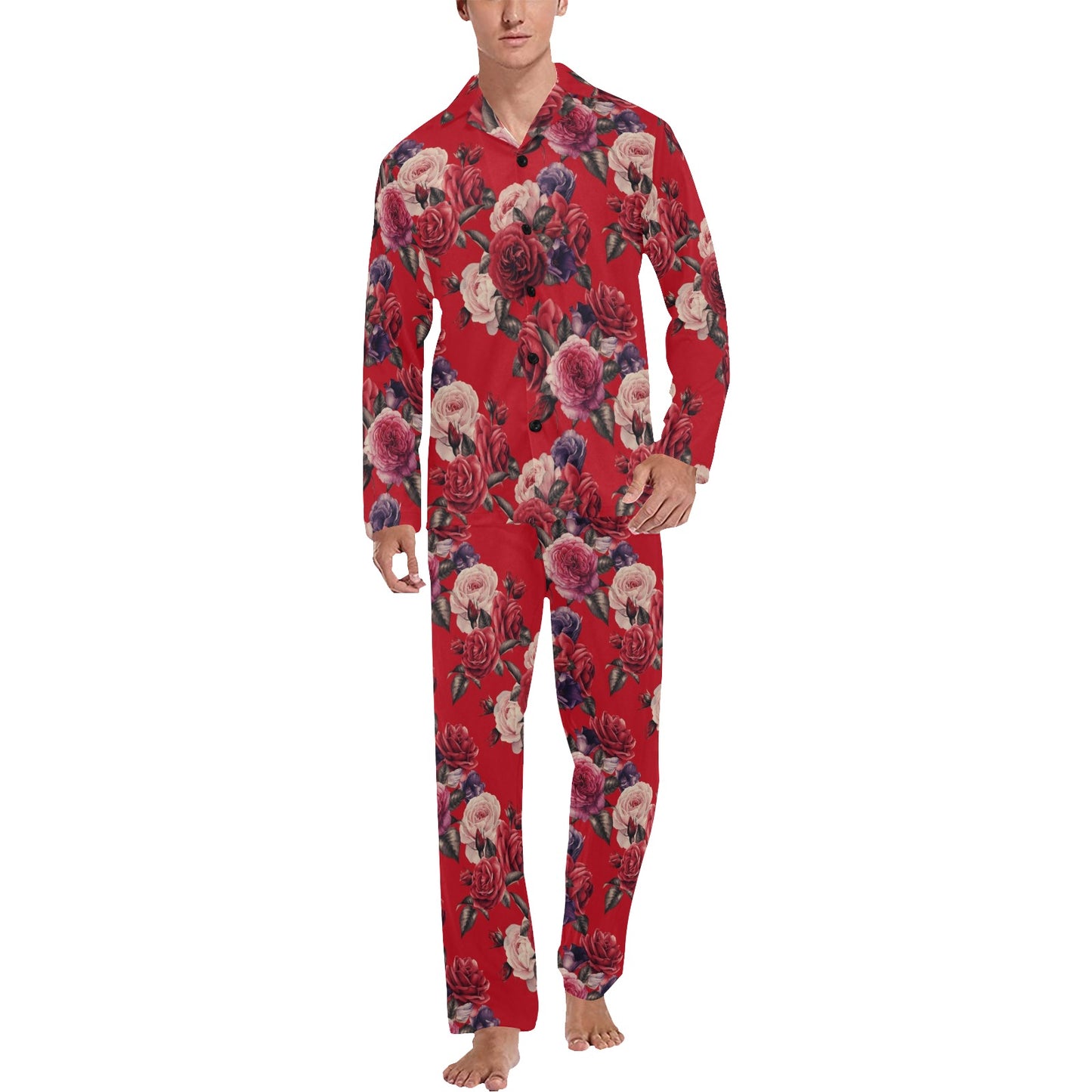 Rose Red Pattern Print Design RO07 Men's Long Pajama Set