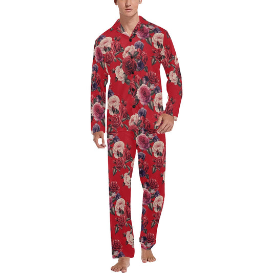 Rose Red Pattern Print Design RO07 Men's Long Pajama Set