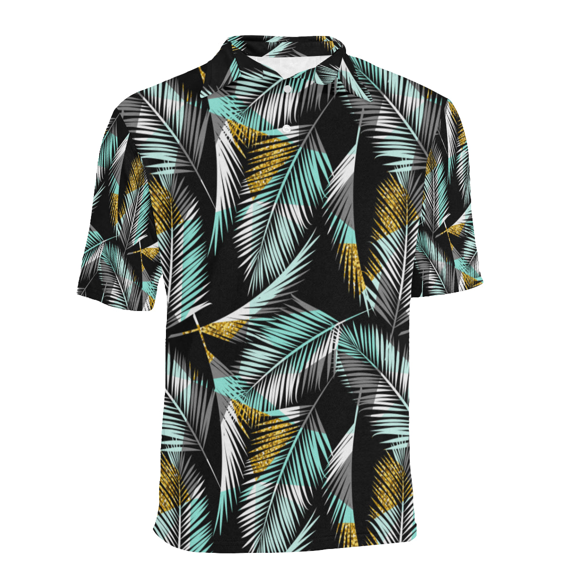 Gold Glitter Cyan Tropical Palm Leaves Men Polo Shirt