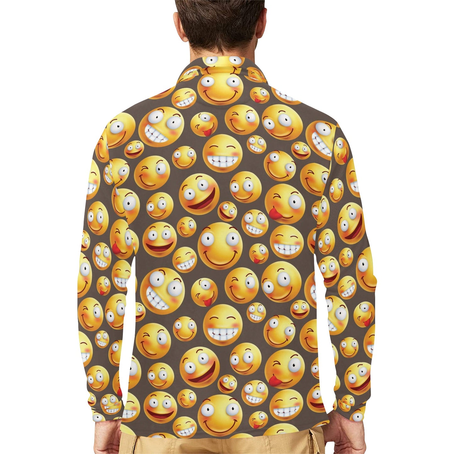 Smiley Face Emoji Print Design LKS303 Long Sleeve Polo Shirt For Men's
