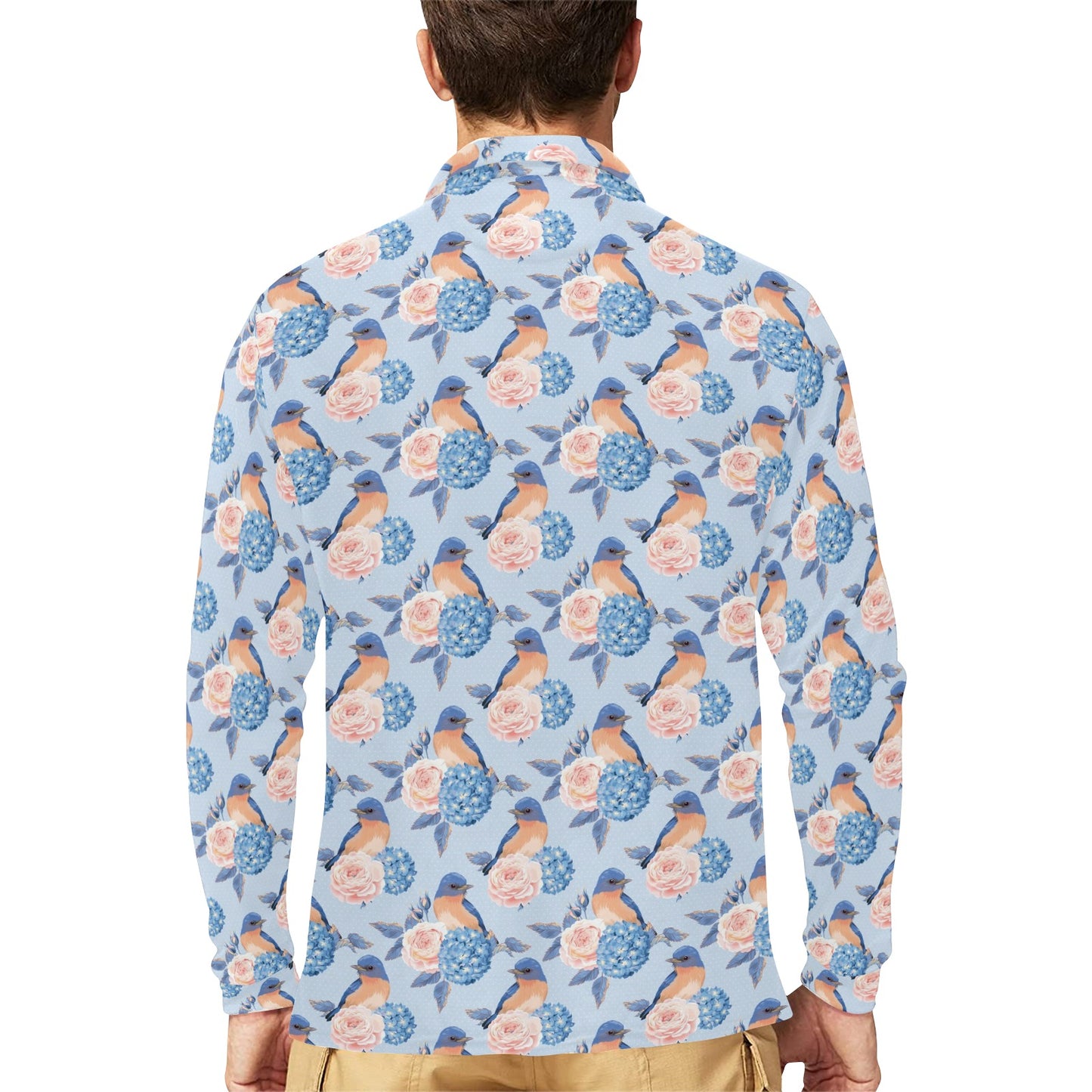 Bluebird Pattern Print Design 01 Long Sleeve Polo Shirt For Men's