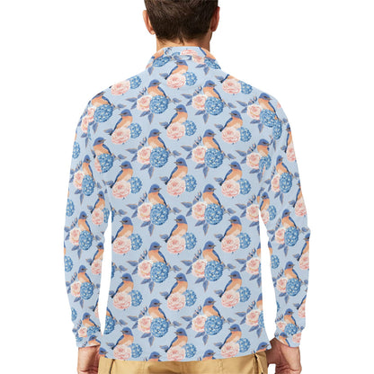 Bluebird Pattern Print Design 01 Long Sleeve Polo Shirt For Men's