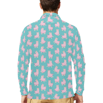 Alpaca Cartoon Design Themed Print Long Sleeve Polo Shirt For Men's