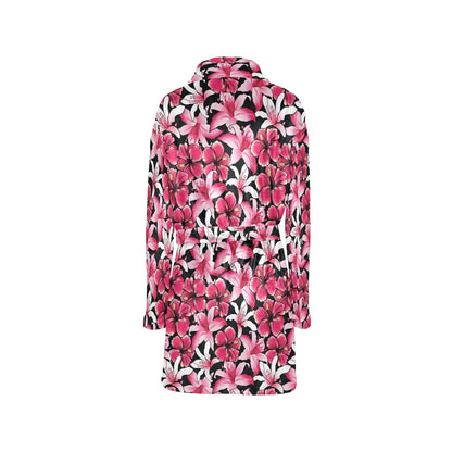 Flower Hawaiian Pink Red Hibiscus Print Women's Fleece Robe