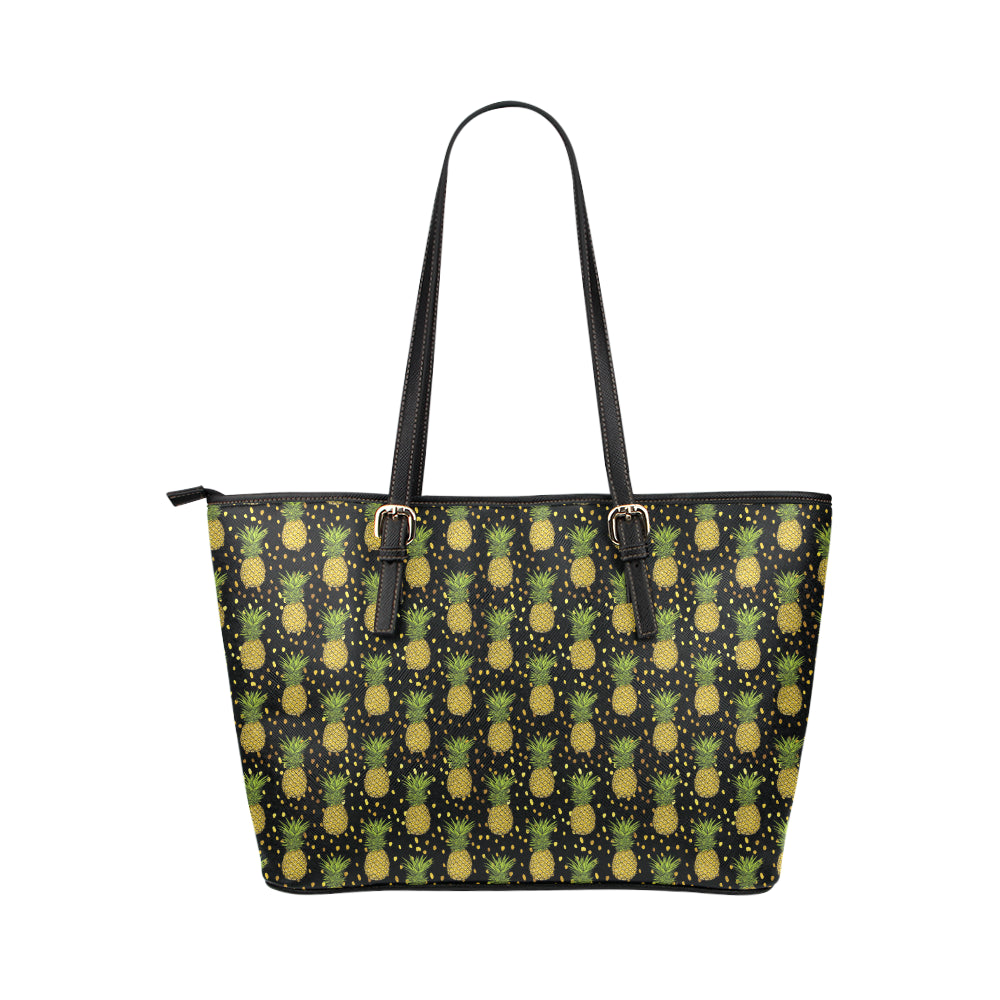 Pineapple Gold Dot Themed Print Leather Tote Bag