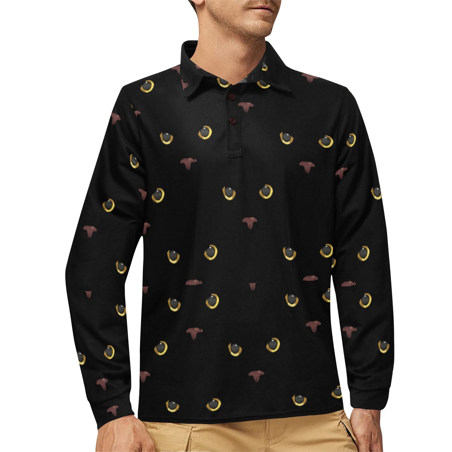 Black Cat Face Print Pattern Long Sleeve Polo Shirt For Men's