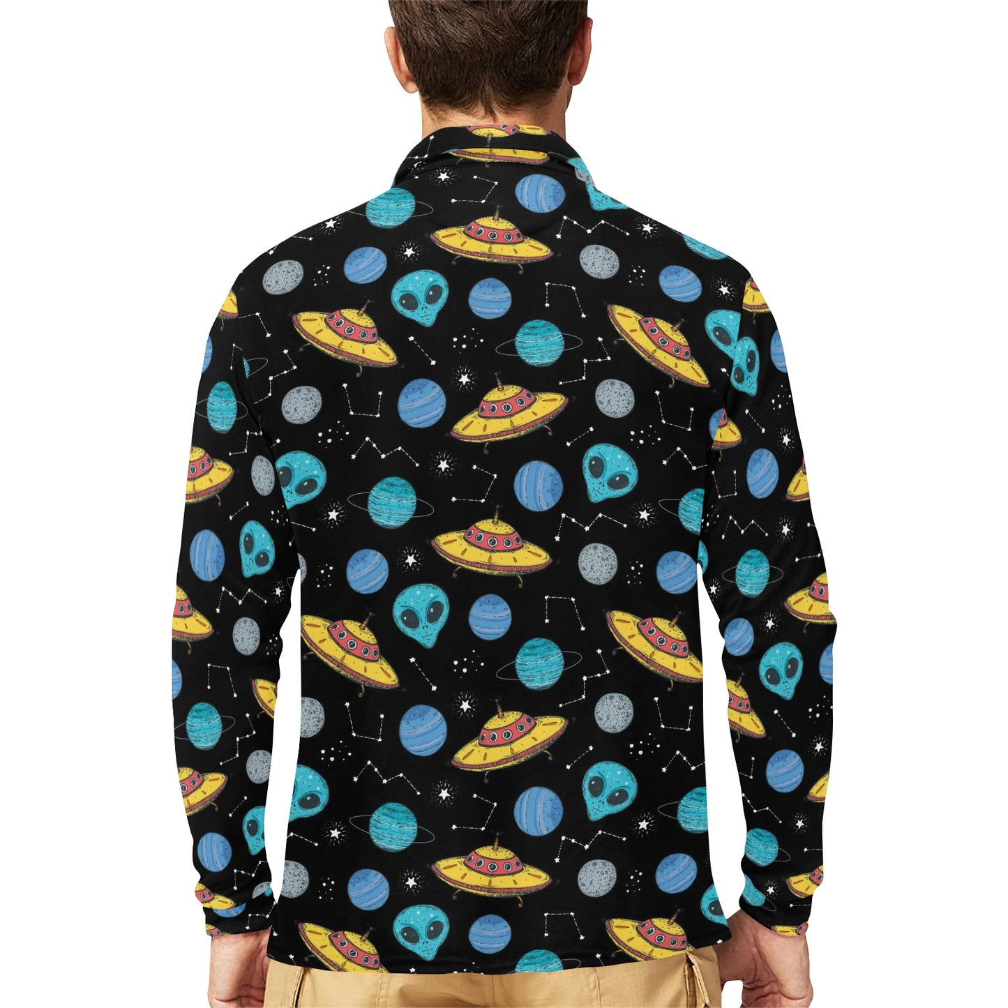 UFO Alien Print Design LKS306 Long Sleeve Polo Shirt For Men's